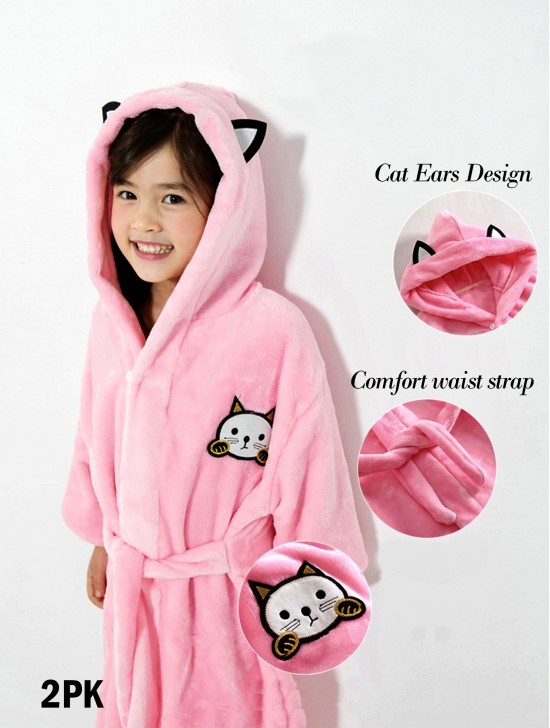 Kid's Pink Cat Patterned Microfiber House Robe
